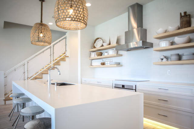 Modern kitchen with custom open shelving by Highpointe DBR, LLC